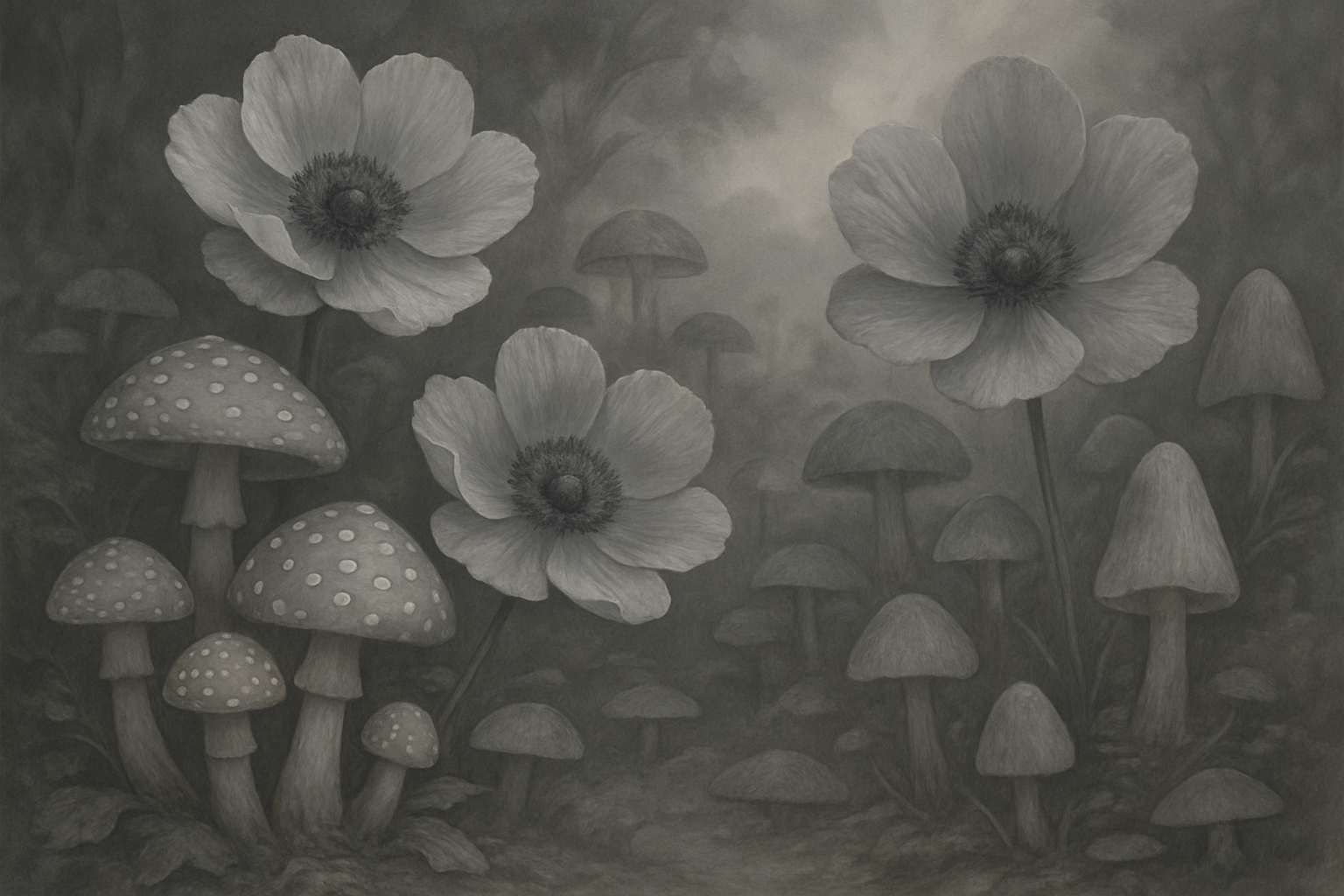 Grey flowers and mushrooms